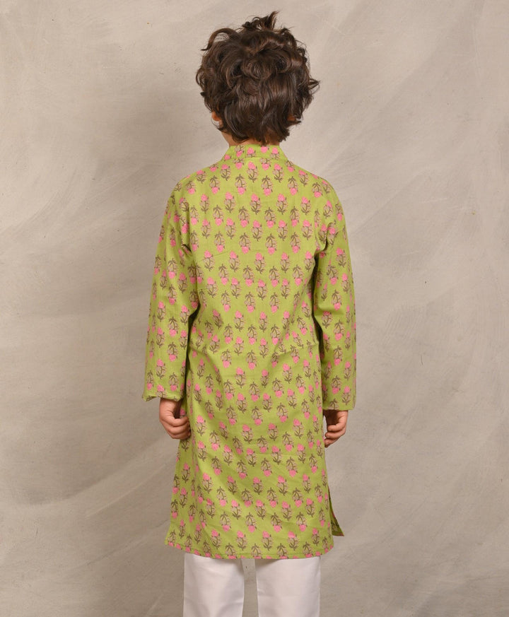 GREEN BLOCK PRINT PURE COTTON KURTA  - GREEN