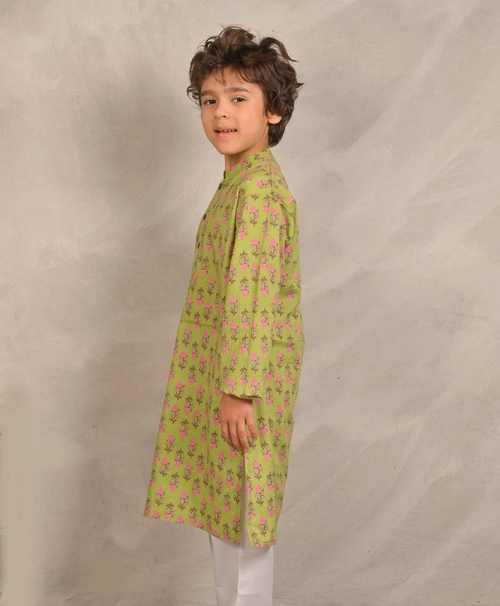GREEN BLOCK PRINT PURE COTTON KURTA  - GREEN