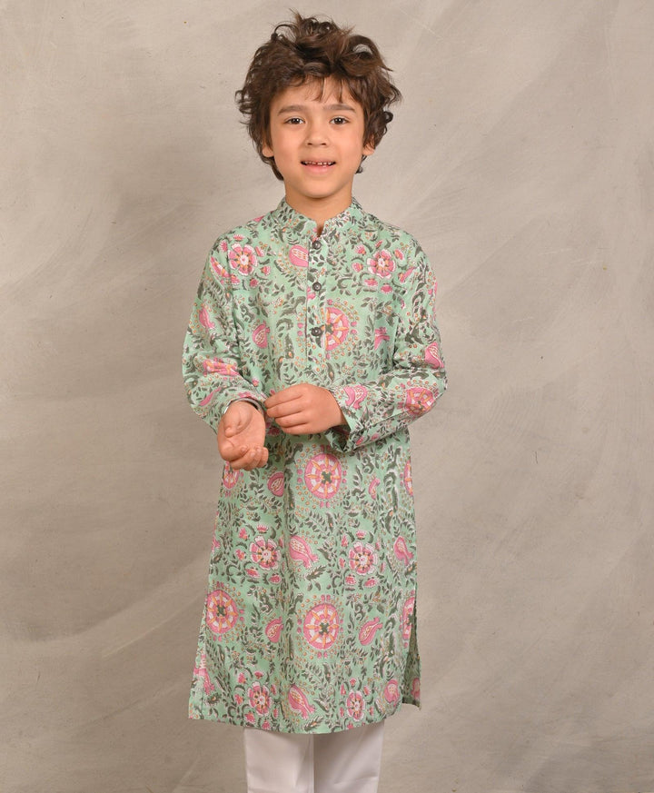 LIGHT GREEN FLORAL PRINT PURE COTTON KURTA - GREEN