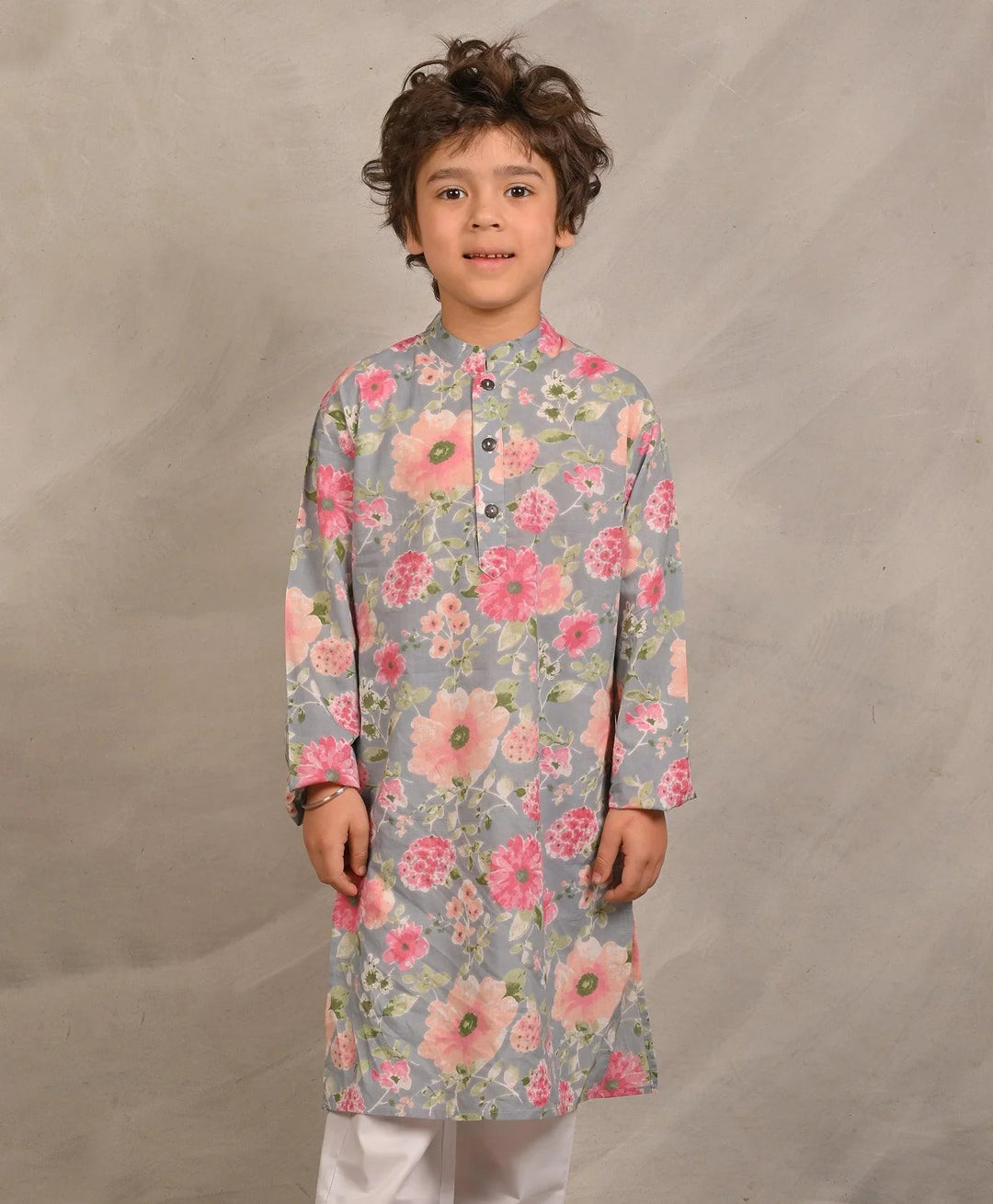 GREY FESTIVE PRINT PURE COTTON KURTA - GREY