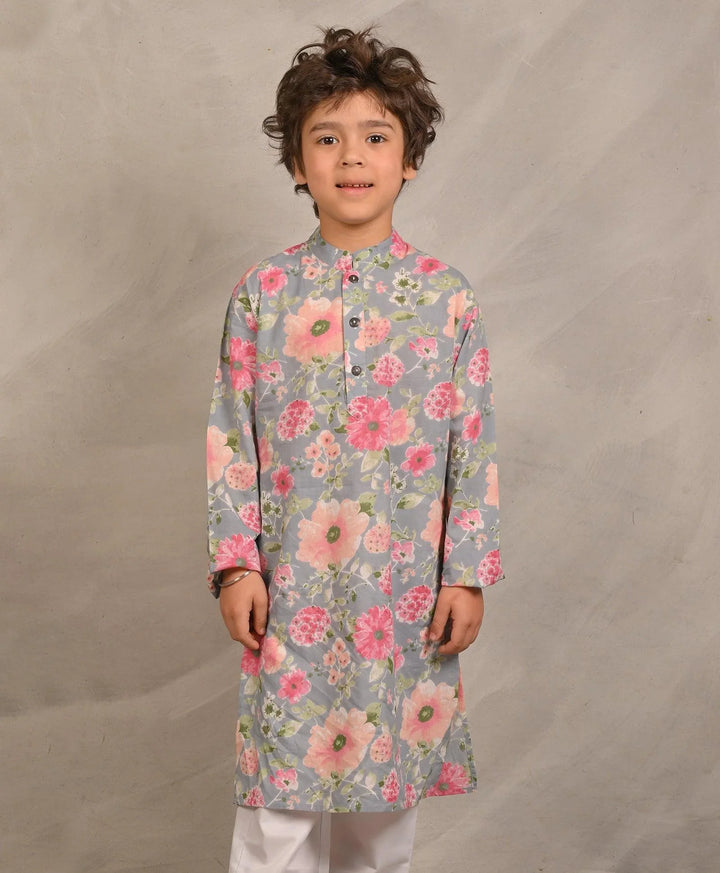 GREY FESTIVE PRINT PURE COTTON KURTA - GREY