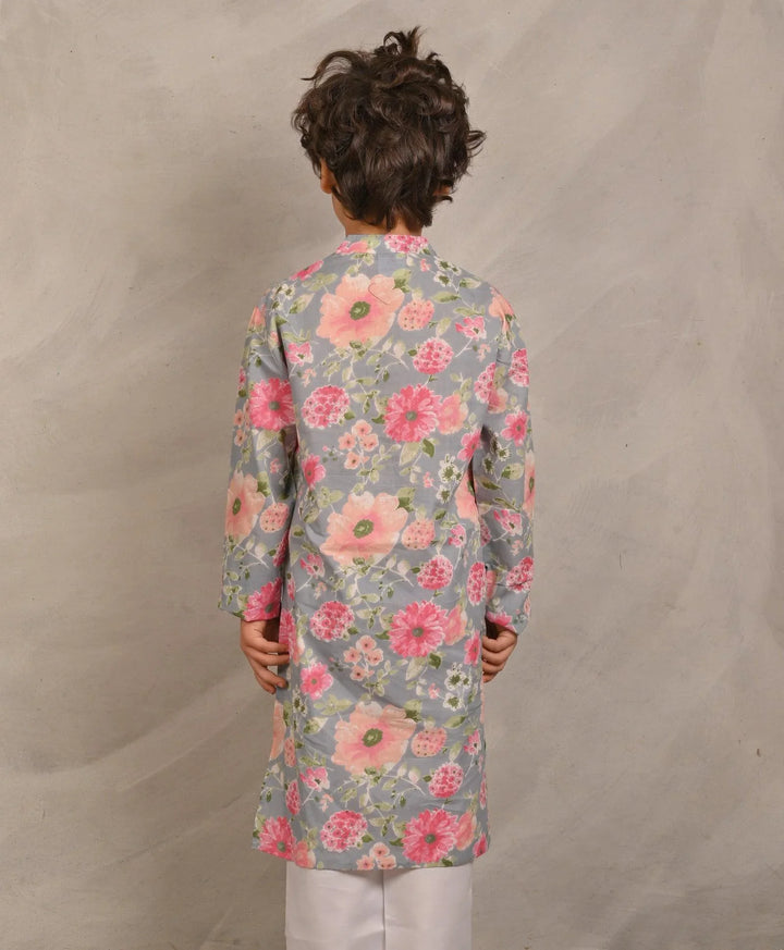 GREY FESTIVE PRINT PURE COTTON KURTA - GREY