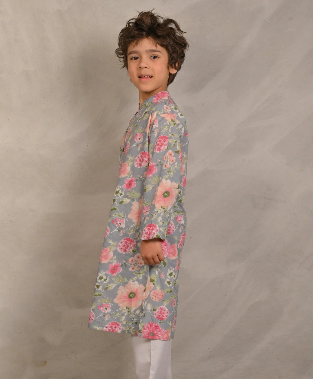 GREY FESTIVE PRINT PURE COTTON KURTA - GREY