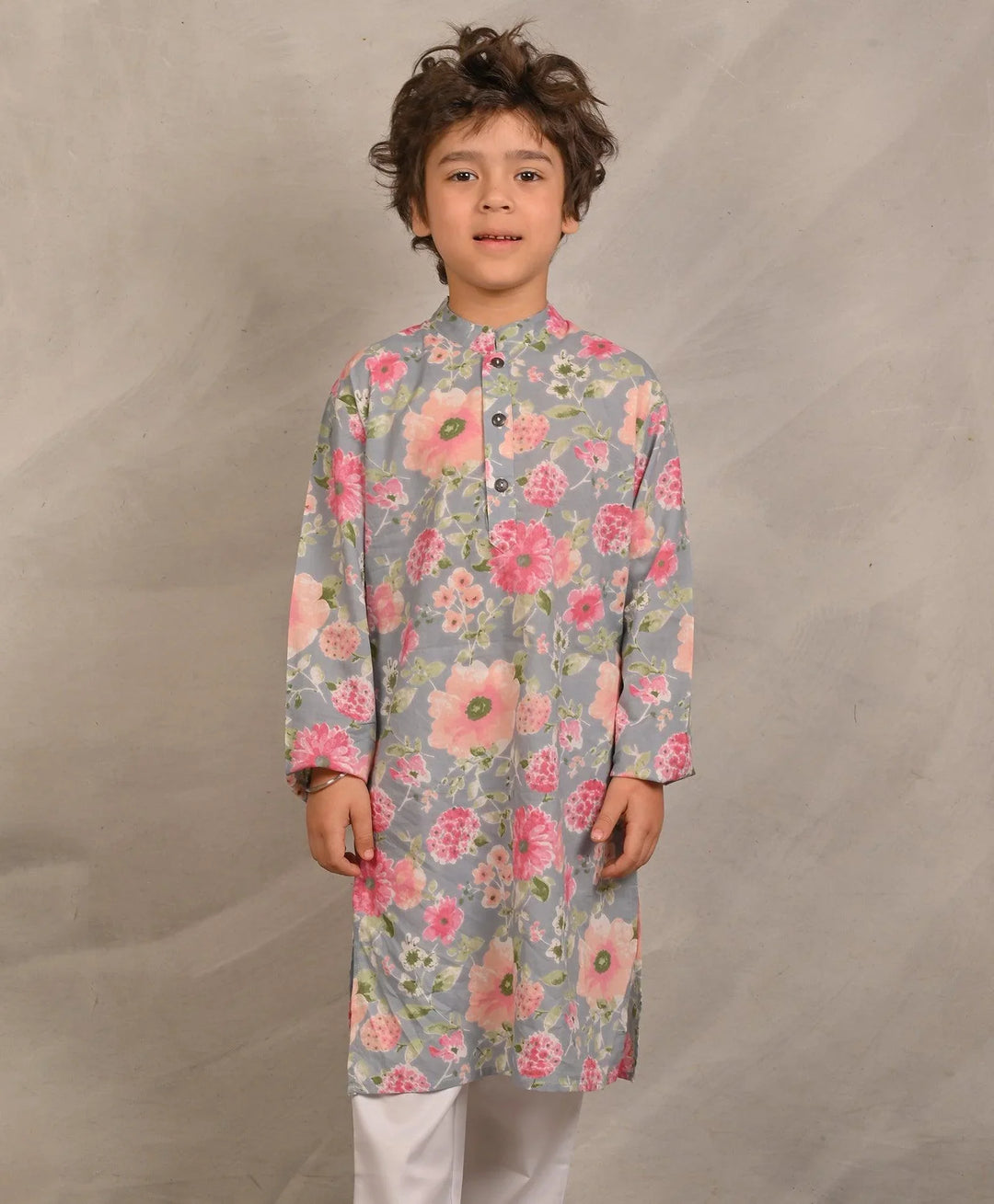 GREY FESTIVE PRINT PURE COTTON KURTA - GREY