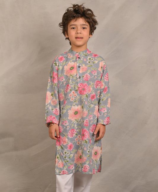 GREY FESTIVE PRINT PURE COTTON KURTA - GREY
