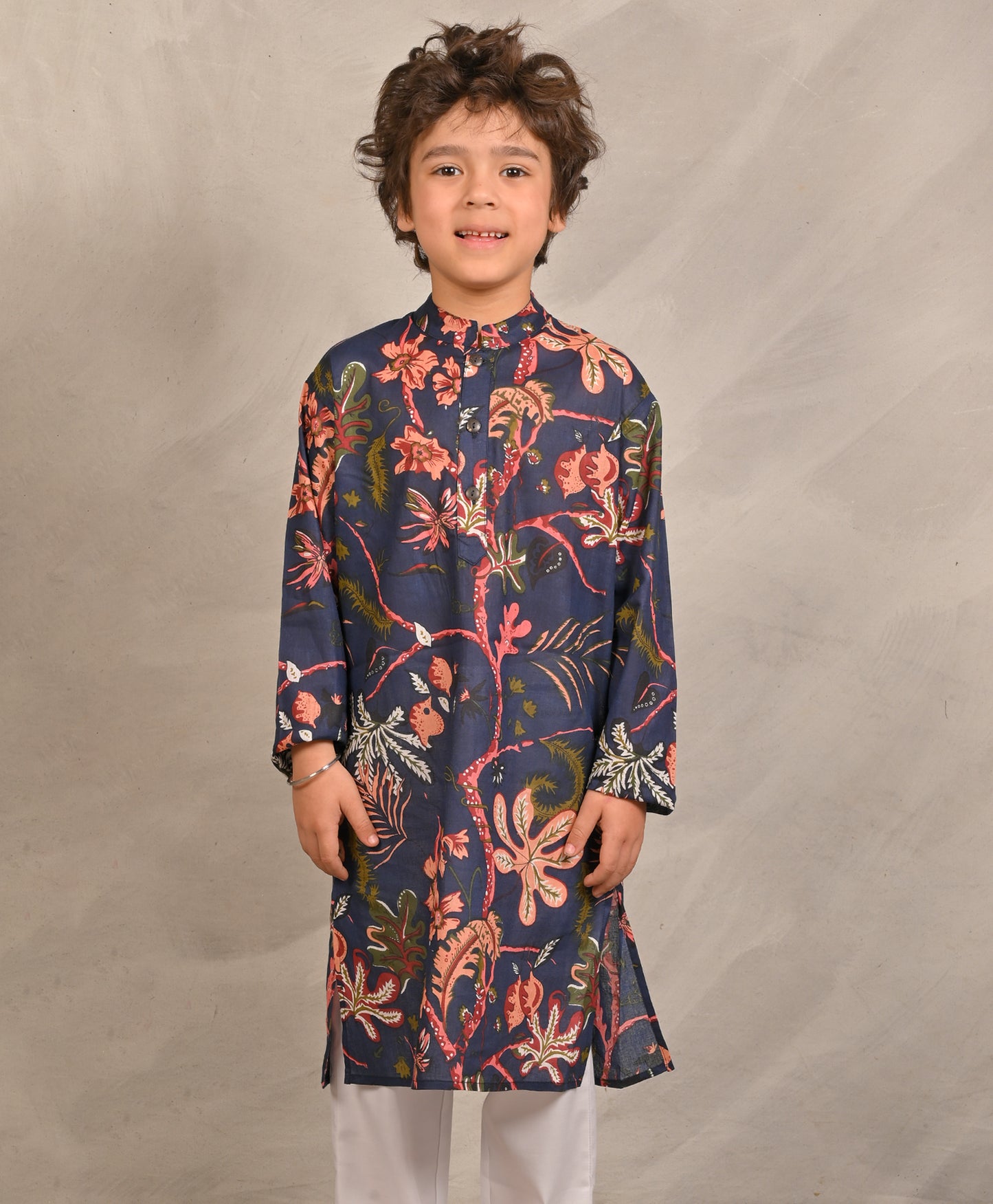 NAVY BLOCK PRINT PURE COTTON KURTA - NAVY