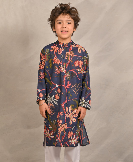 NAVY BLOCK PRINT PURE COTTON KURTA - NAVY