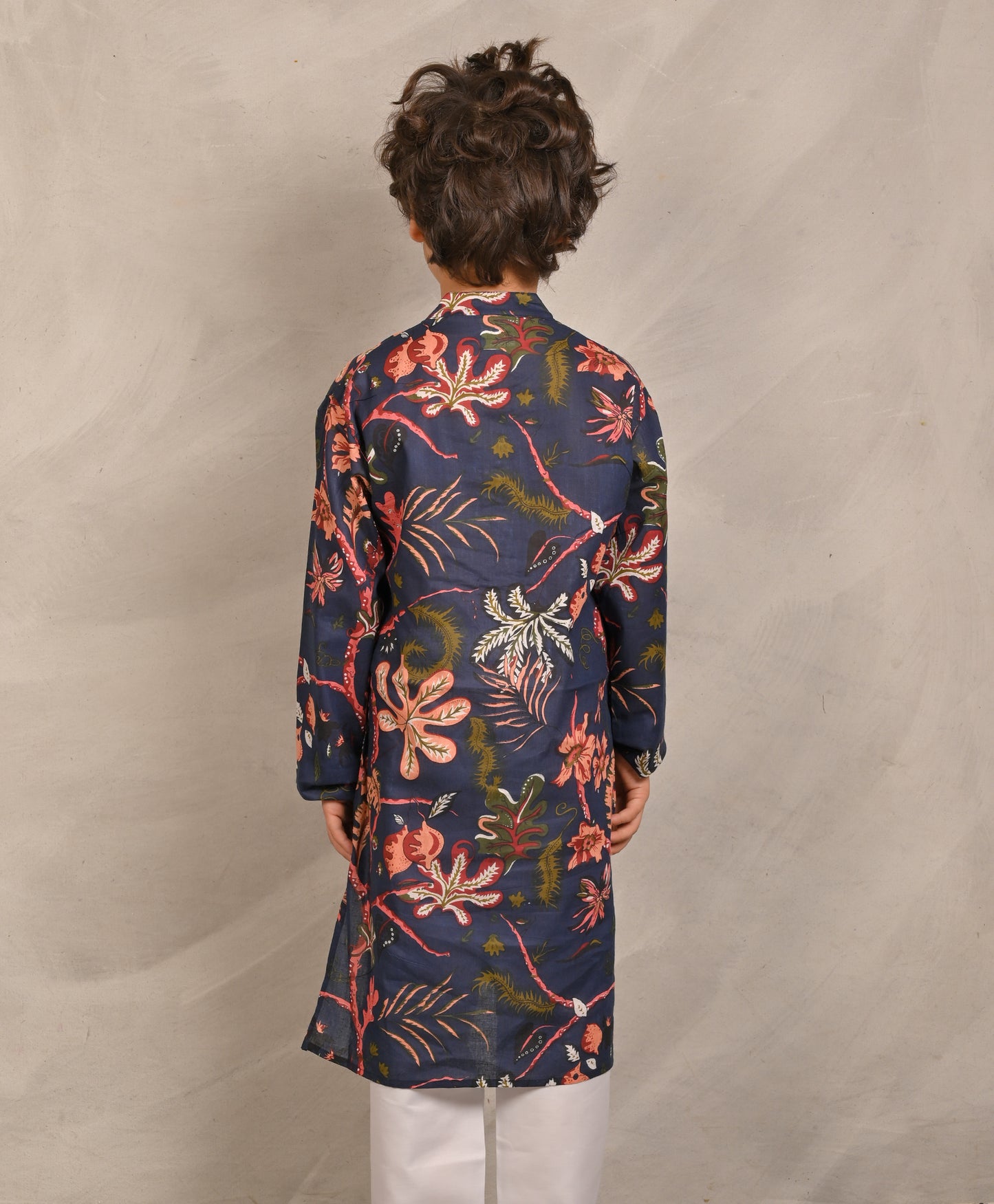 NAVY BLOCK PRINT PURE COTTON KURTA - NAVY
