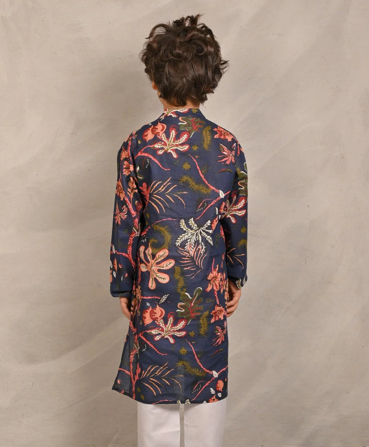 NAVY BLOCK PRINT PURE COTTON KURTA - NAVY