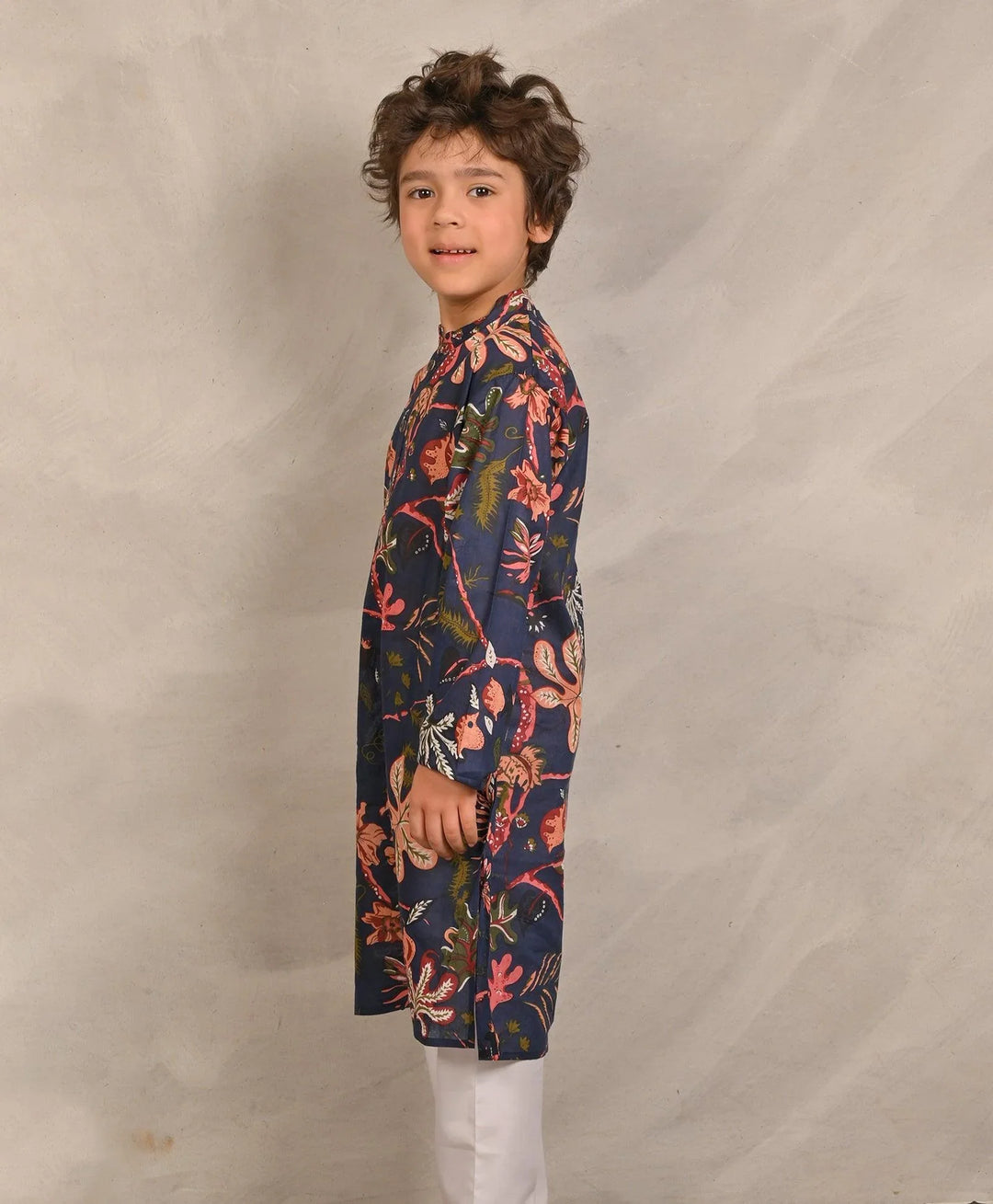 NAVY BLOCK PRINT PURE COTTON KURTA - NAVY