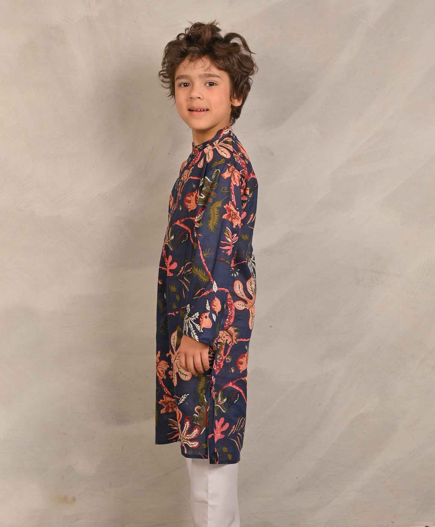 NAVY BLOCK PRINT PURE COTTON KURTA - NAVY