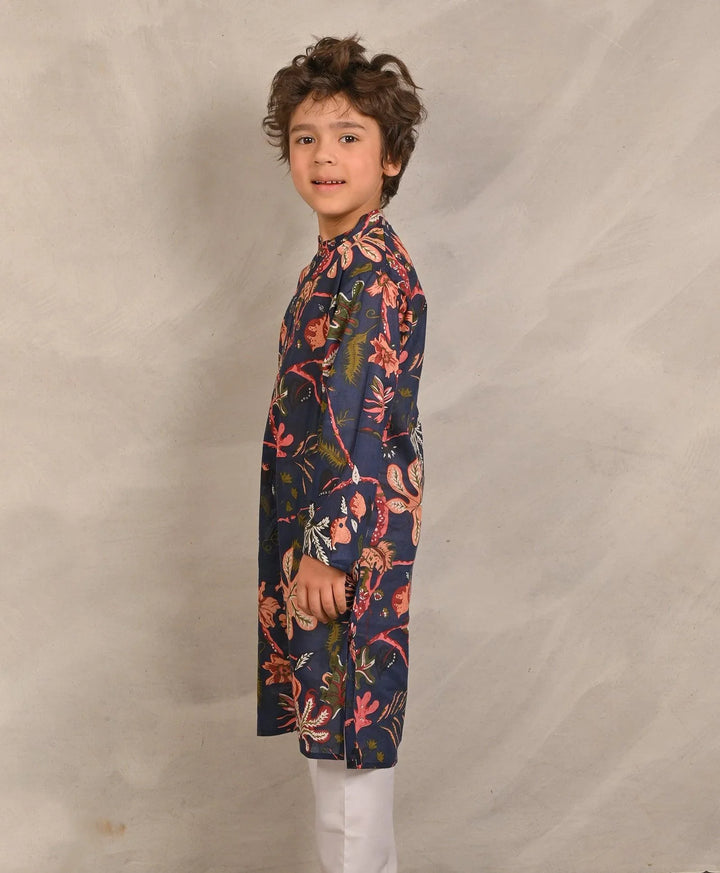 NAVY BLOCK PRINT PURE COTTON KURTA - NAVY