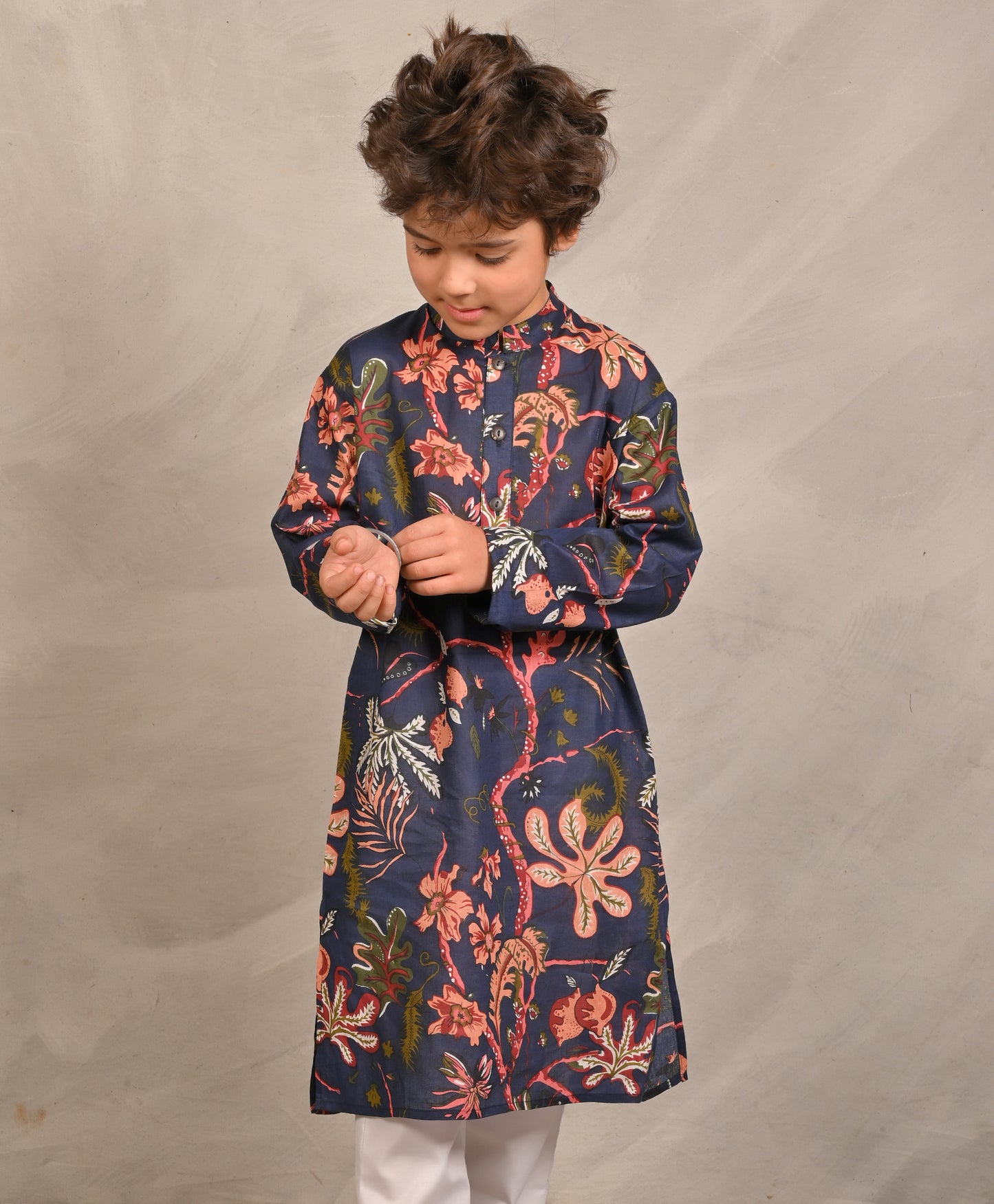 NAVY BLOCK PRINT PURE COTTON KURTA - NAVY