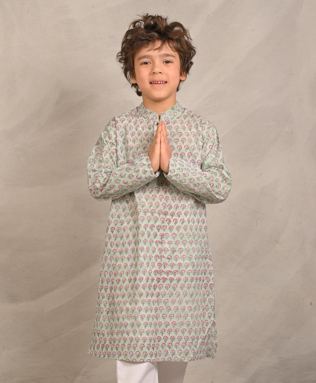 SAGE GREEN BLOCK PRINT PURE COTTON KURTA - SEA GREEN