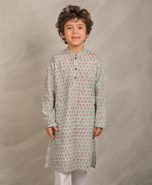 SAGE GREEN BLOCK PRINT PURE COTTON KURTA - SEA GREEN