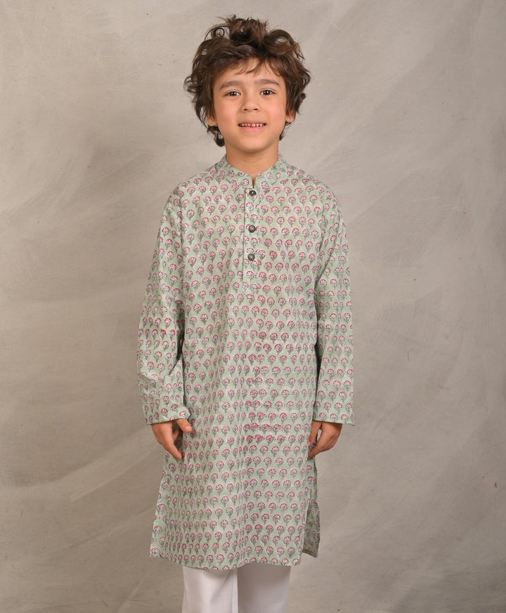 SAGE GREEN BLOCK PRINT PURE COTTON KURTA - SEA GREEN