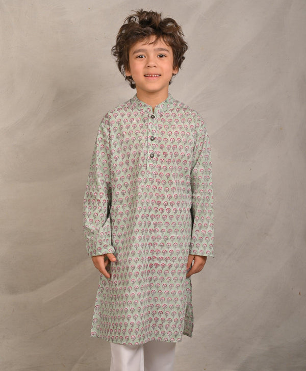 SAGE GREEN BLOCK PRINT PURE COTTON KURTA - SEA GREEN