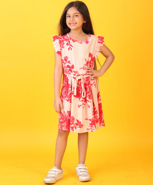 FLORAL PEACH FRILL SUMMER DRESS -PEACH