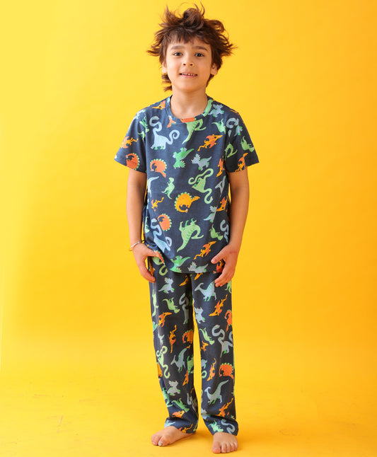 BLUE DINO DREAMS SHORT SLEEVES PYJAMA SET - BLUE