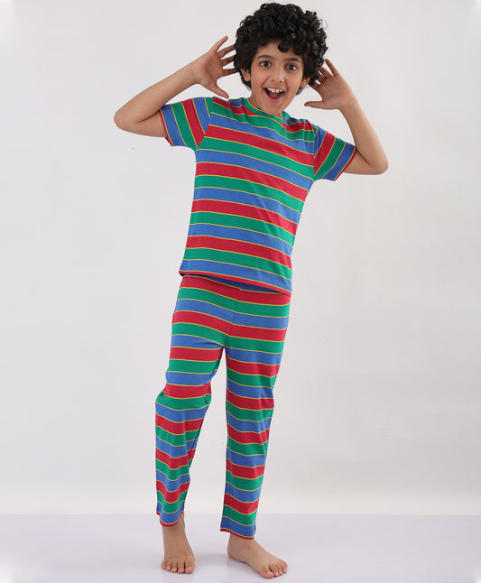 SUMMER RED ROYAL YELLOW STRIPED SHORT SLEEVES PYJAMA SET - RED/ROYAL