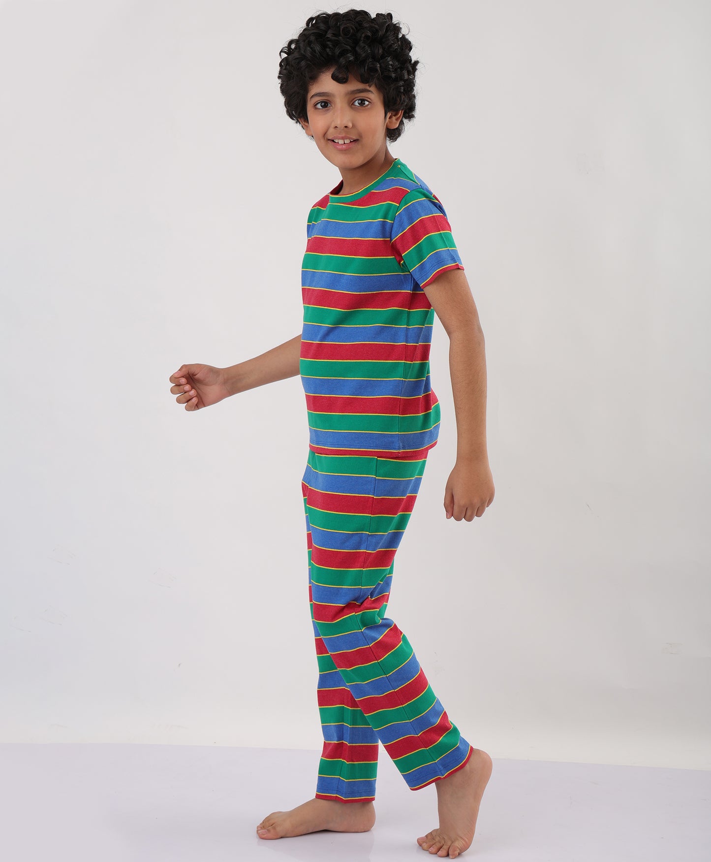 SUMMER RED ROYAL YELLOW STRIPED SHORT SLEEVES PYJAMA SET - RED/ROYAL