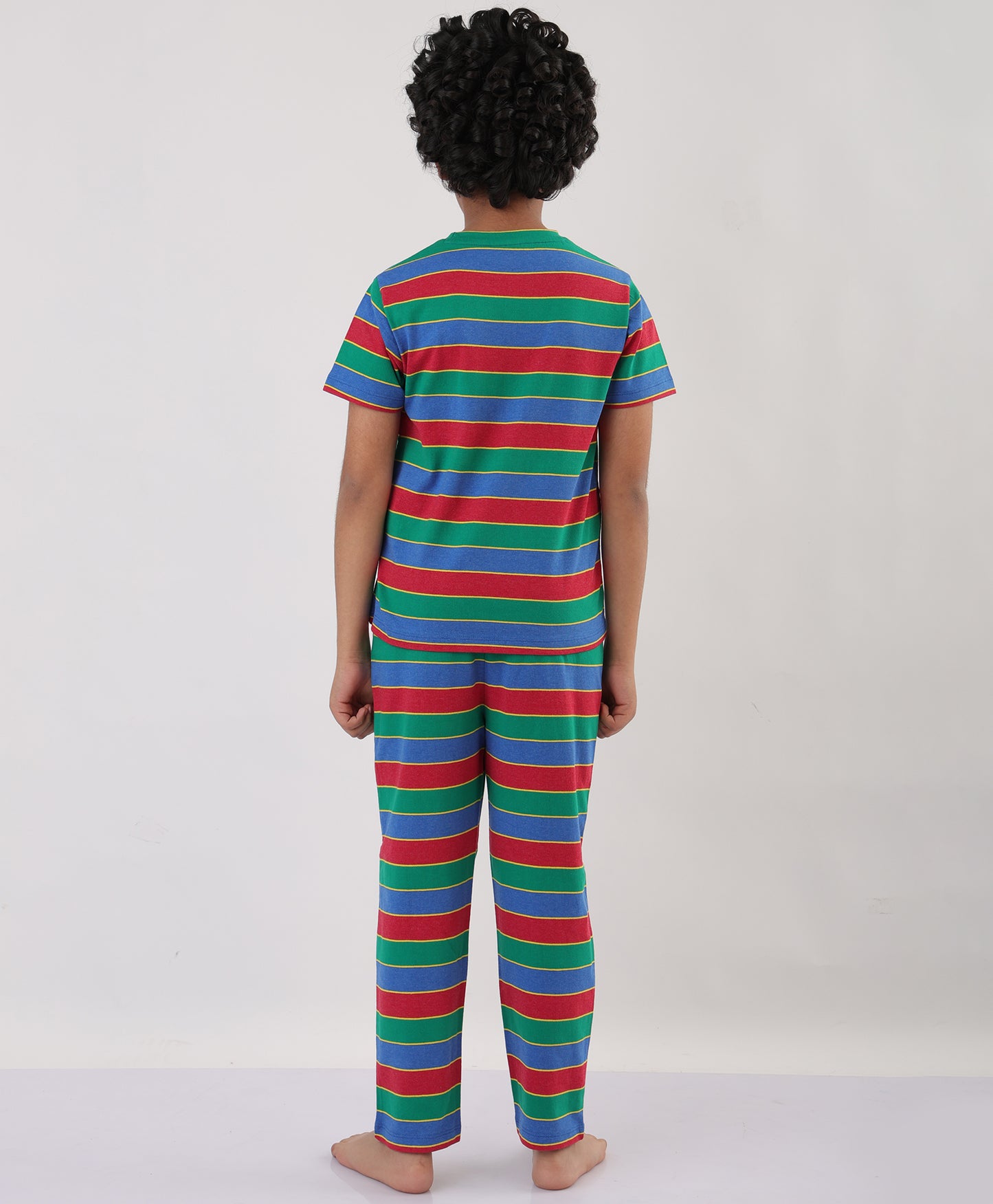 SUMMER RED ROYAL YELLOW STRIPED SHORT SLEEVES PYJAMA SET - RED/ROYAL