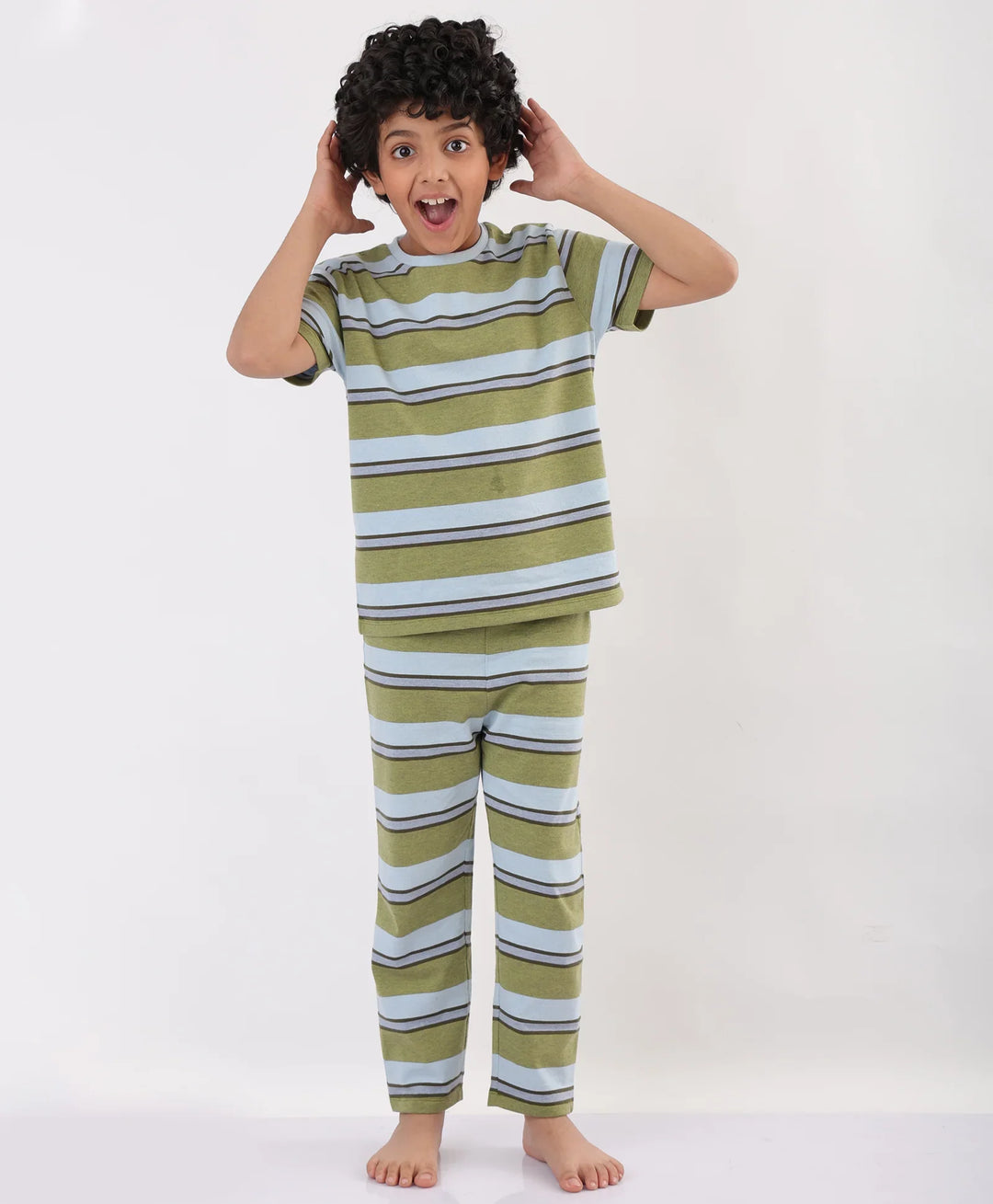 SKY OLIVE STRIPED SHORT SLEEVES PYJAMA SET - SKY/OLIVE - Anthrilo 