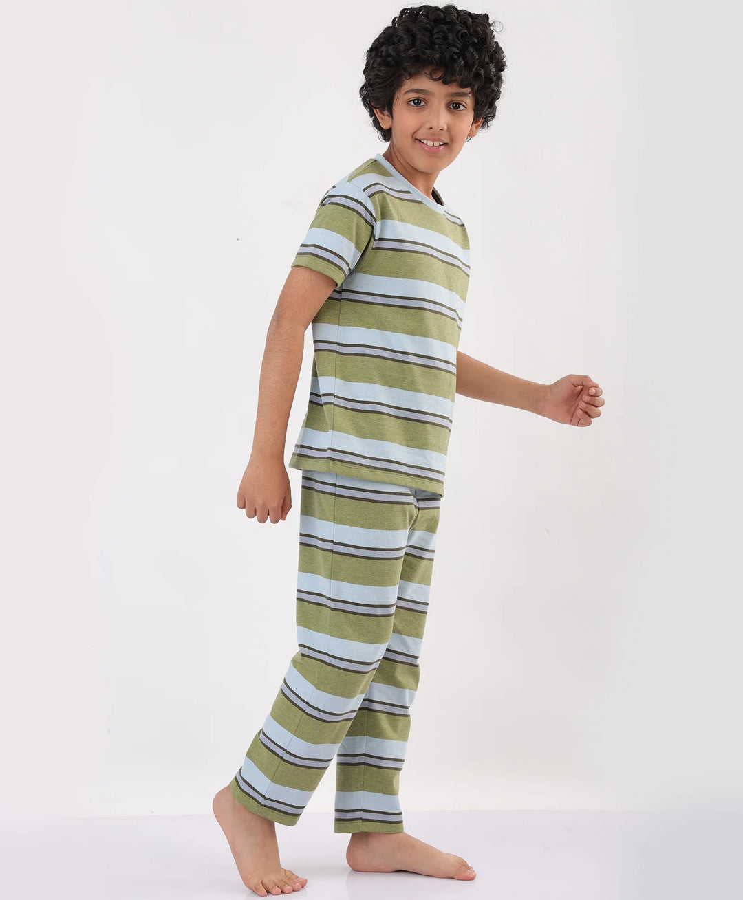 SKY OLIVE STRIPED SHORT SLEEVES PYJAMA SET - SKY/OLIVE - Anthrilo 