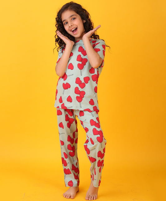 HEART CANDY GREEN SHORT SLEEVE PYJAMA SET - GREEN