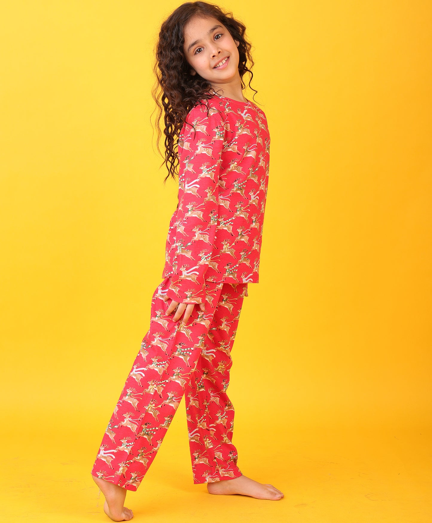 REINDEER GIRLS LONG SLEEVES PYJAMA SET - RED