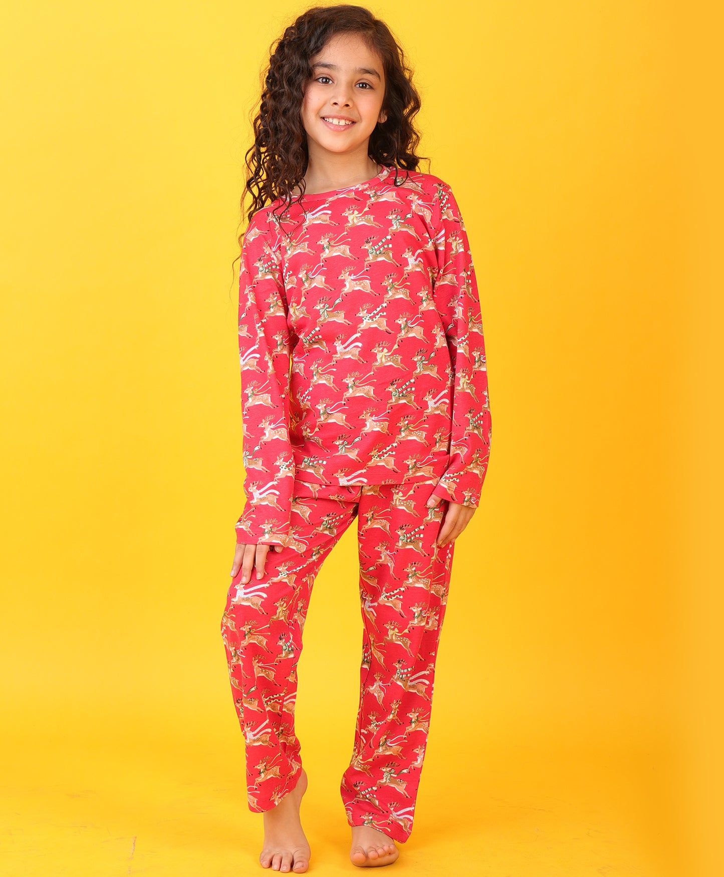 REINDEER GIRLS LONG SLEEVES PYJAMA SET - RED