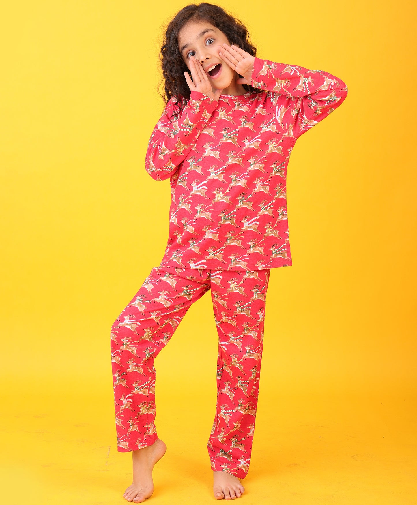 REINDEER GIRLS LONG SLEEVES PYJAMA SET - RED