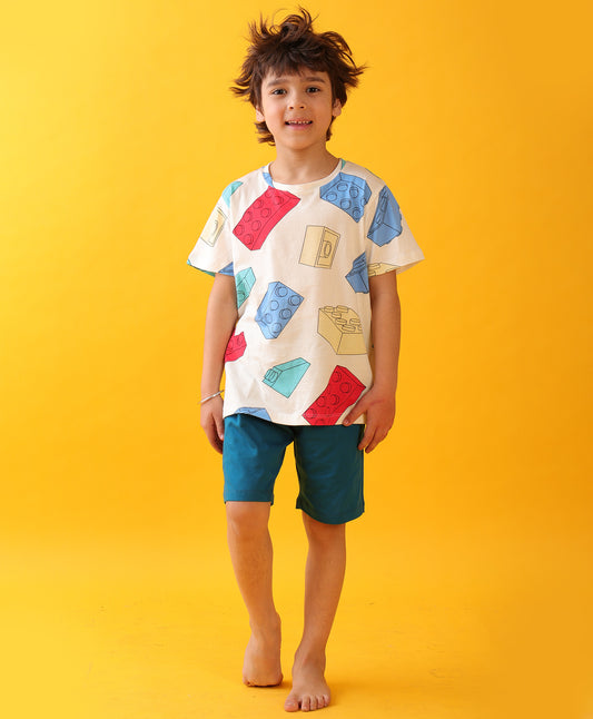 BLOCK BUILDER TEAL SLEEPWEAR SHORT SET - WHITE/TEAL