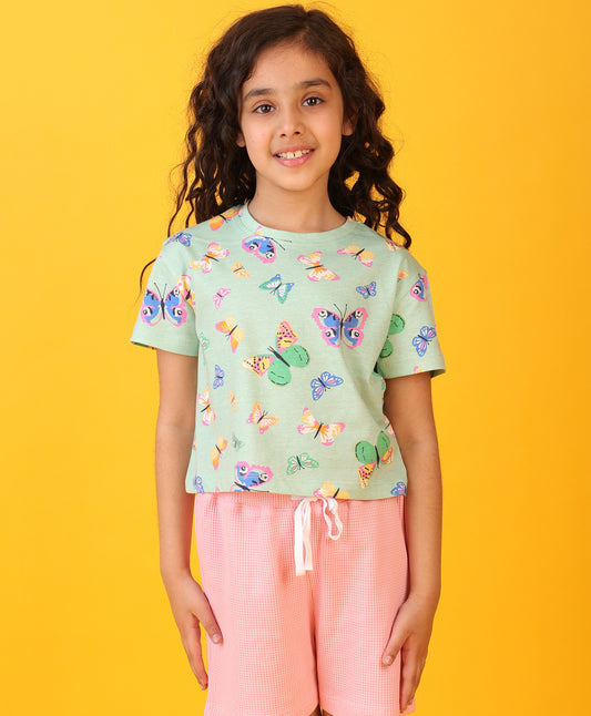 BUTTERFLY GREEN SHORT SLEEVES SUMMER T-SHIRT - GREEN
