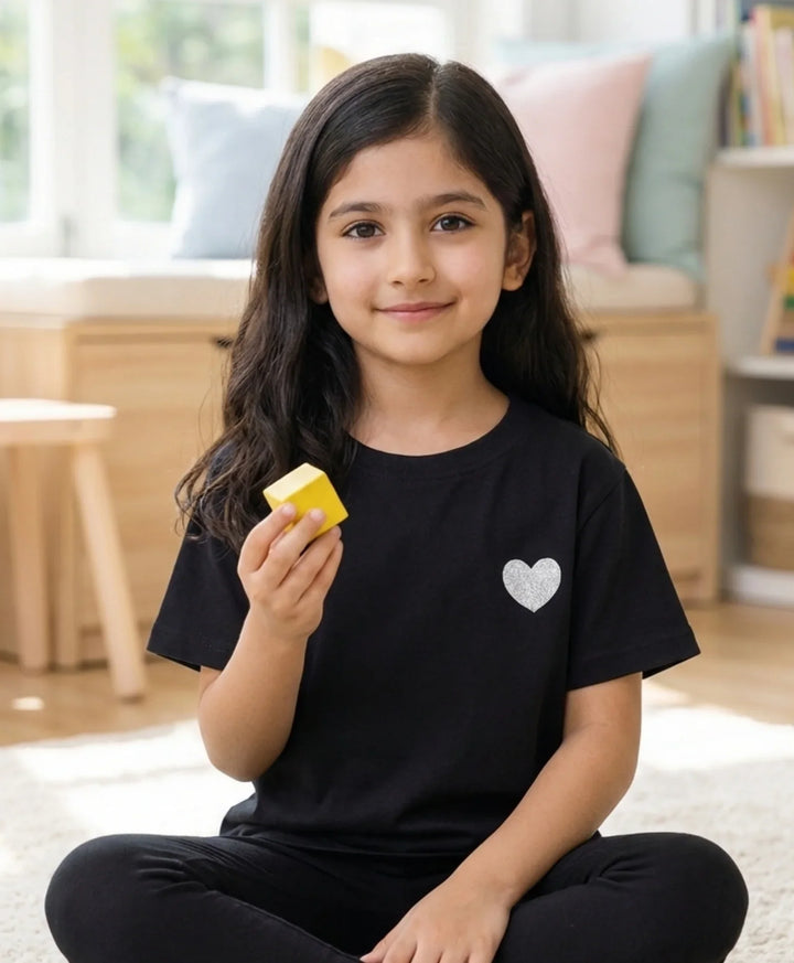 SILVER HEART BLACK SUMMER GIRLS T-SHIRT-BLACK - Anthrilo 