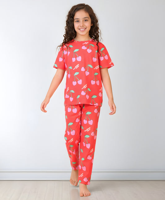CHERRY RED SHORT SLEEVES PYJAMA SET - RED