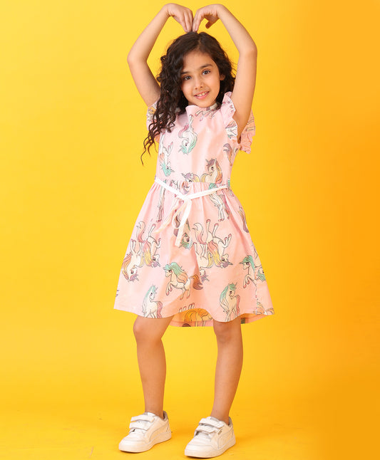 UNICORN STAR PINK FRILL DRESS- PINK WOVEN