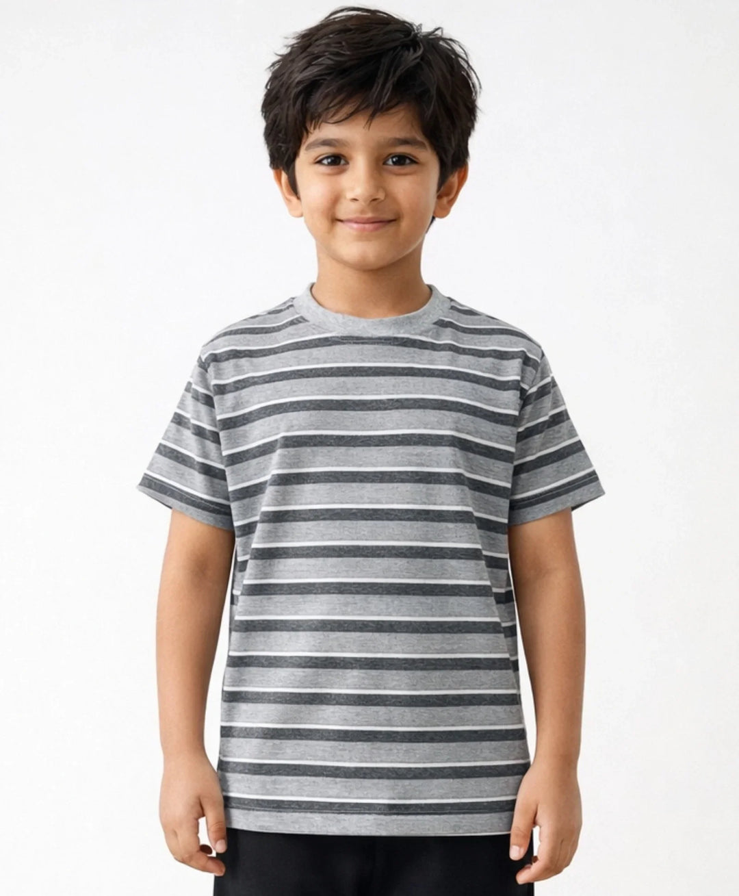 Grey Melange Striped Short Sleeves Boys T-Shirt - Grey