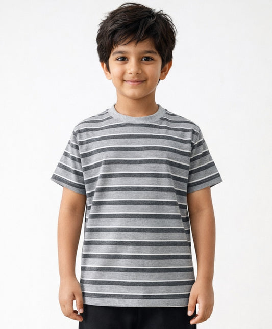 GREY MELANGE STRIPED SHORT SLEEVES BOYS T-SHIRT - GREY