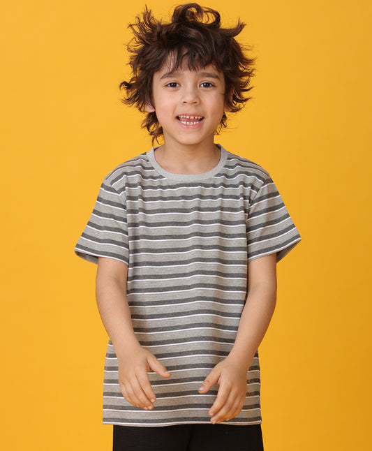 GREY MELANGE STRIPED SHORT SLEEVES BOYS T-SHIRT - GREY
