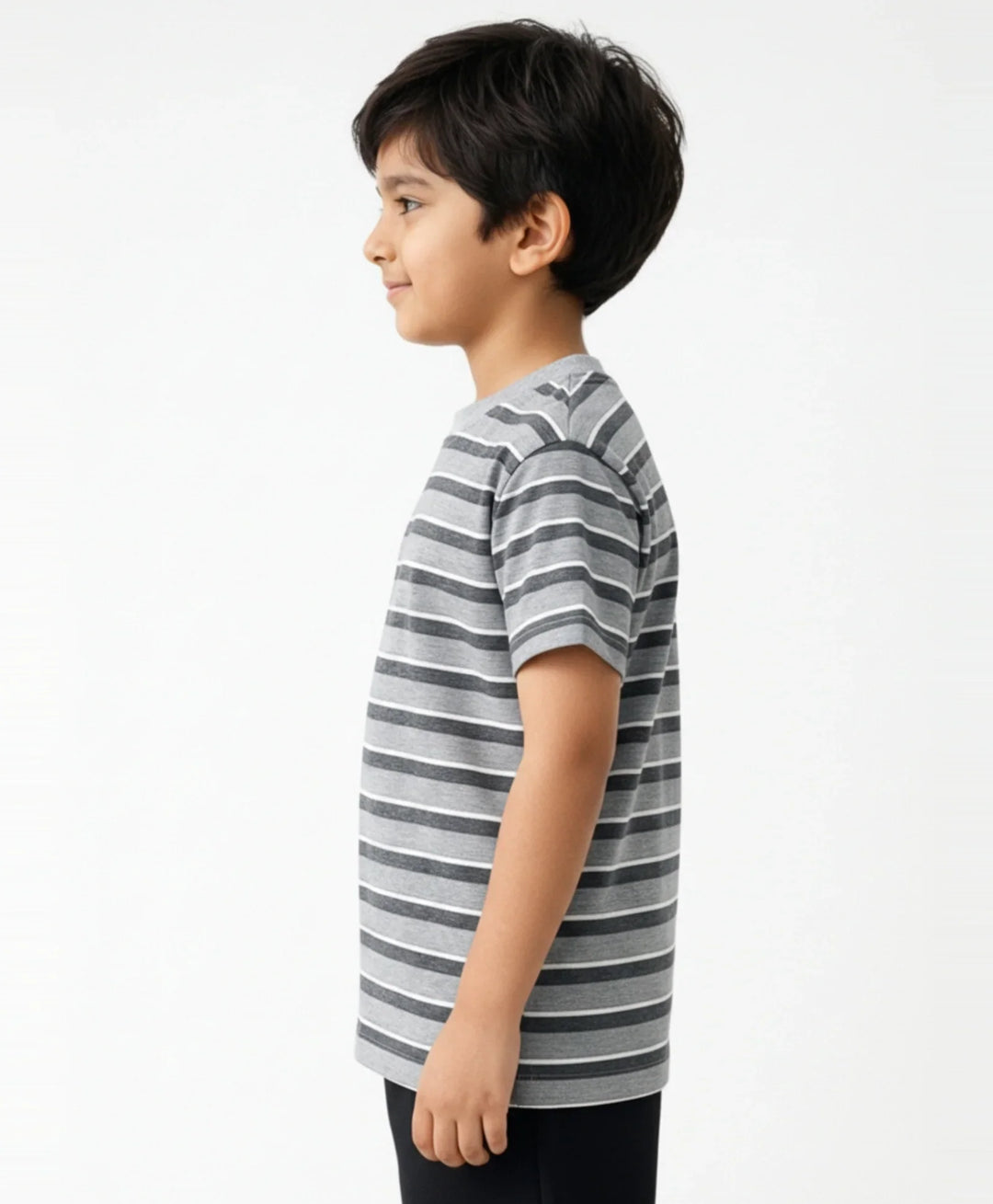 Grey Melange Striped Short Sleeves Boys T-Shirt - Grey