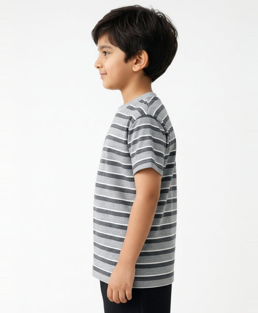 GREY MELANGE STRIPED SHORT SLEEVES BOYS T-SHIRT - GREY