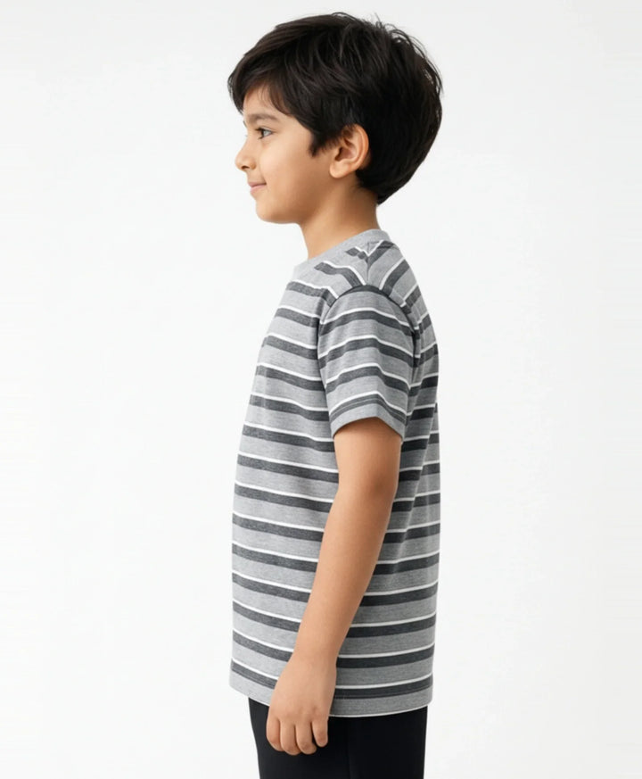 Grey Melange Striped Short Sleeves Boys T-Shirt - Grey