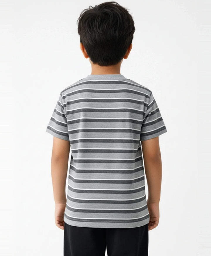 Grey Melange Striped Short Sleeves Boys T-Shirt - Grey