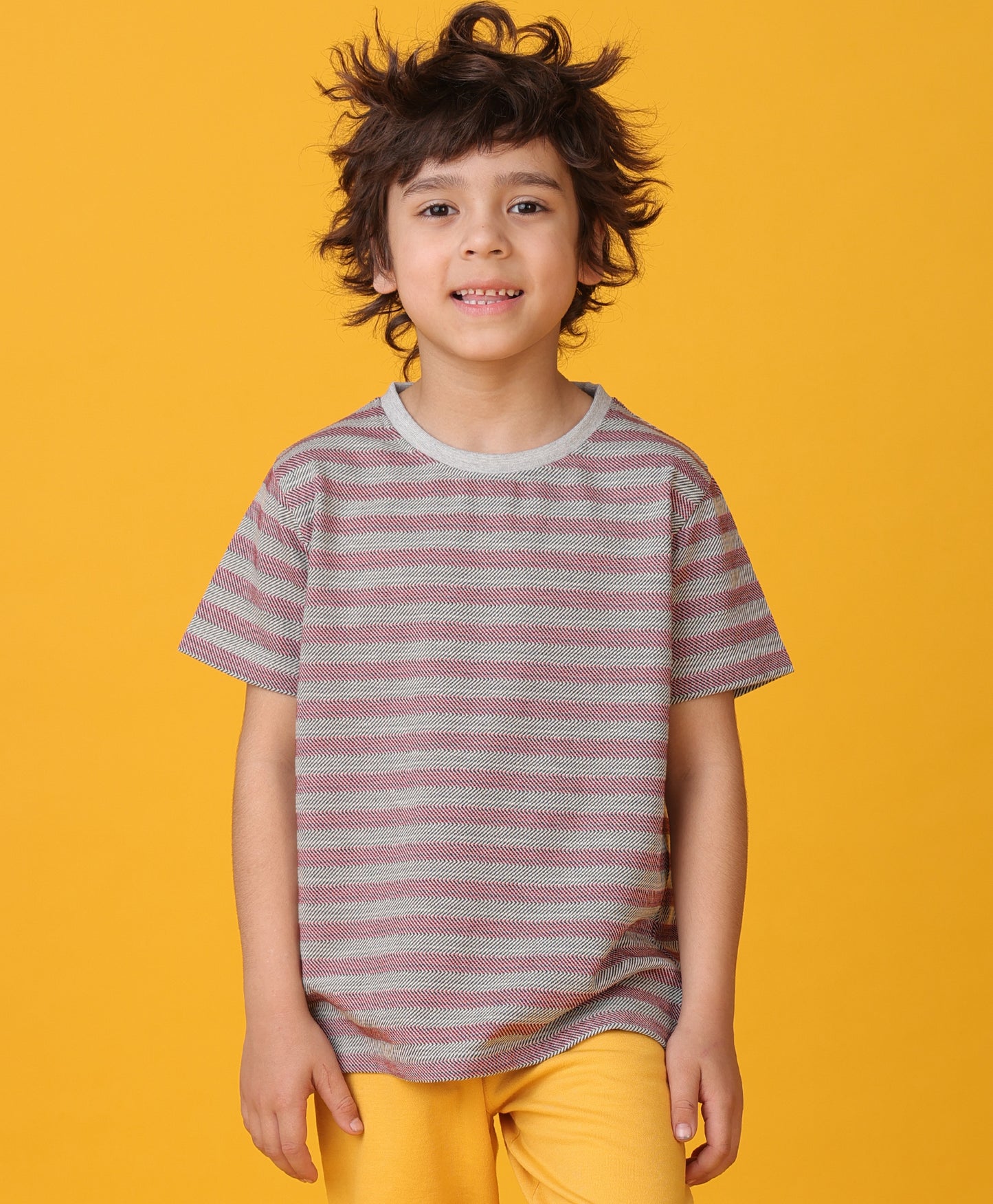 GREY RED STRIPED SHORT SLEEVES BOYS T-SHIRT -RED/BLACK