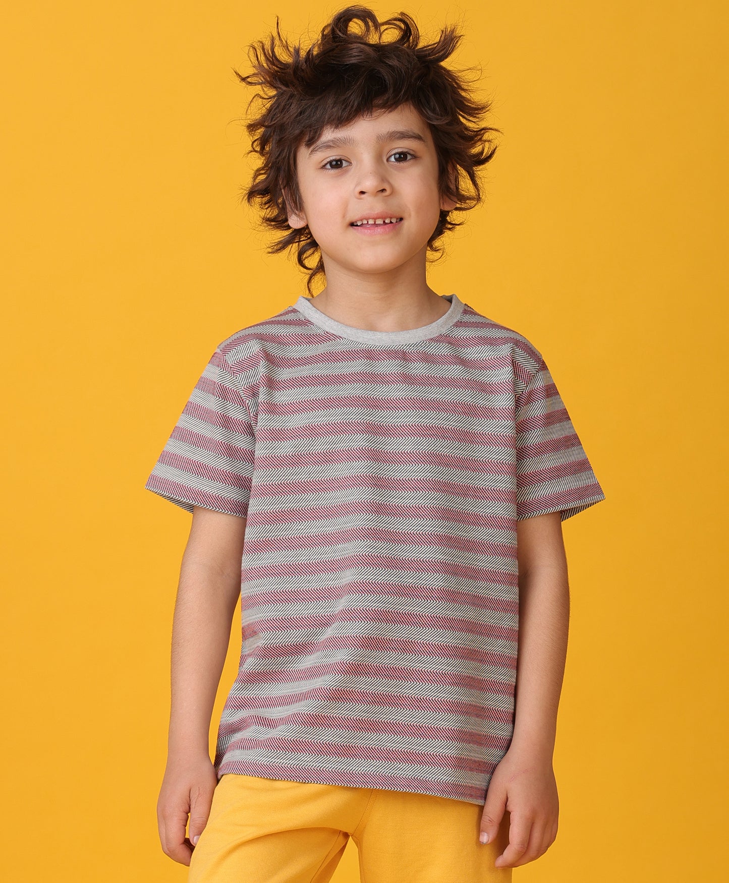 GREY RED STRIPED SHORT SLEEVES BOYS T-SHIRT -RED/BLACK