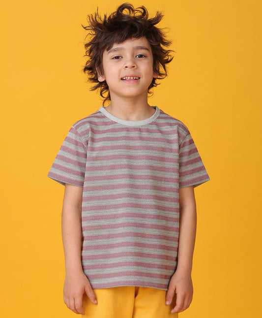 GREY RED STRIPED SHORT SLEEVES BOYS T-SHIRT -RED/BLACK