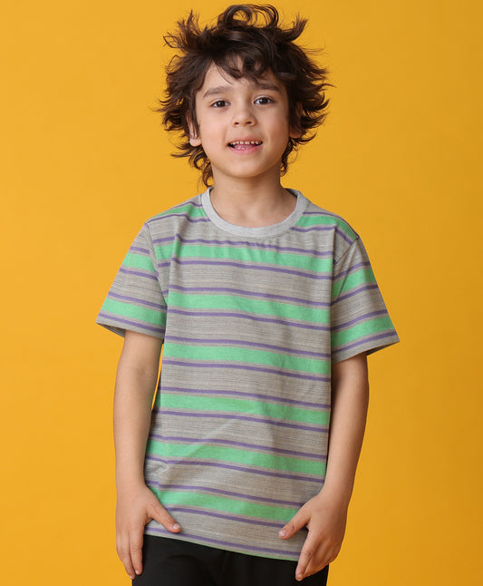 GREEN GREY STRIPED SHORT SLEEVES BOYS T-SHIRT -GREEN