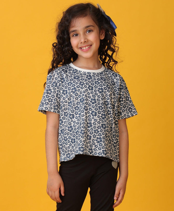 FLORAL BLUE SHORT SLEEVES GIRLS T-SHIRT - BLUE - Anthrilo 