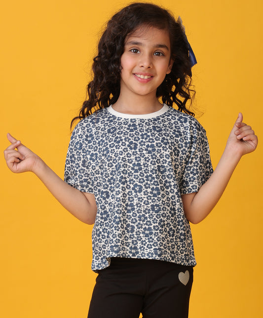 FLORAL BLUE SHORT SLEEVES GIRLS T-SHIRT - BLUE